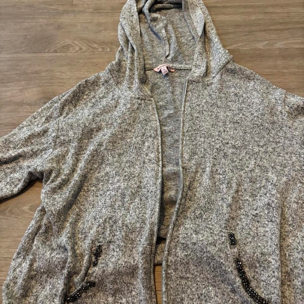 Juicy Couture gray marled hooded cardigan with an open front